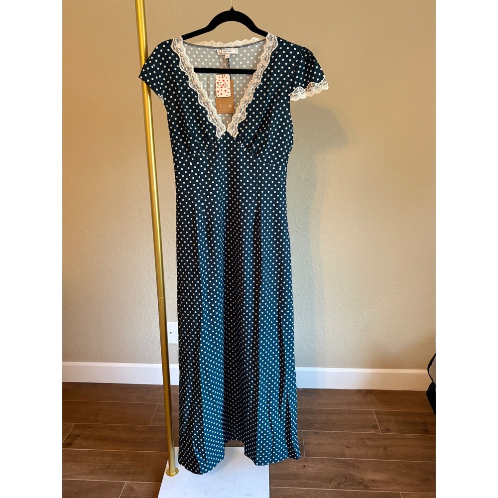 RIHOAS Maxi Dress NWT Green Polka Dot Lace Trim V-Neck Size L Retro Coquette